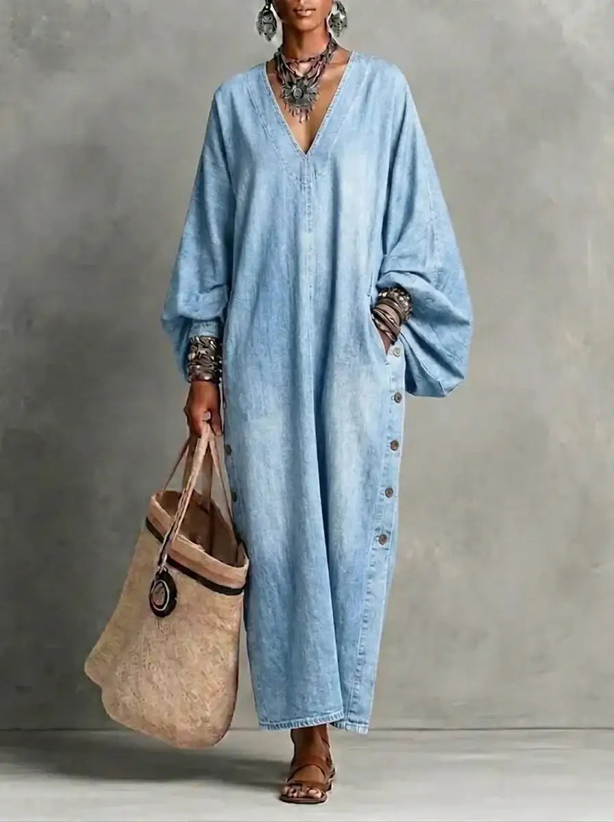 HOT SALE🌸 Women’s Casual V-neck Button Denim Dress