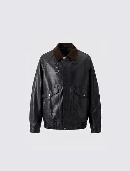 Black Sheep Leather Jacket Brown Collar | Handmade Trucker Bomber KDKJ523