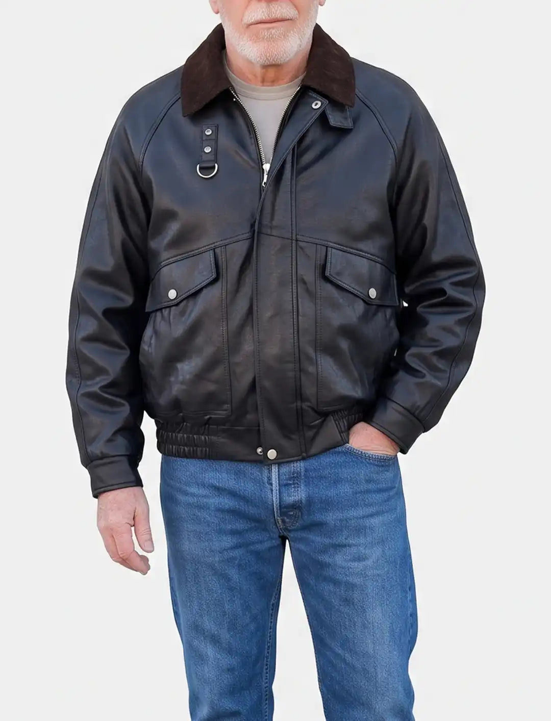 Black Sheep Leather Jacket Brown Collar | Handmade Trucker Bomber KDKJ523