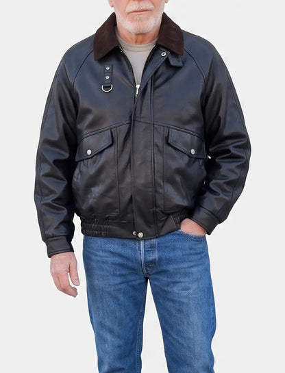 Black Sheep Leather Jacket Brown Collar | Handmade Trucker Bomber KDKJ523