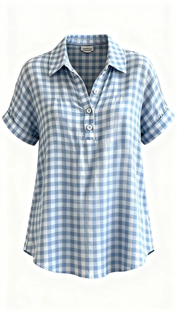 Classic Gingham Cotton-Linen V-Neck Button-Front Blouse