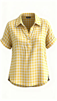 Classic Gingham Cotton-Linen V-Neck Button-Front Blouse