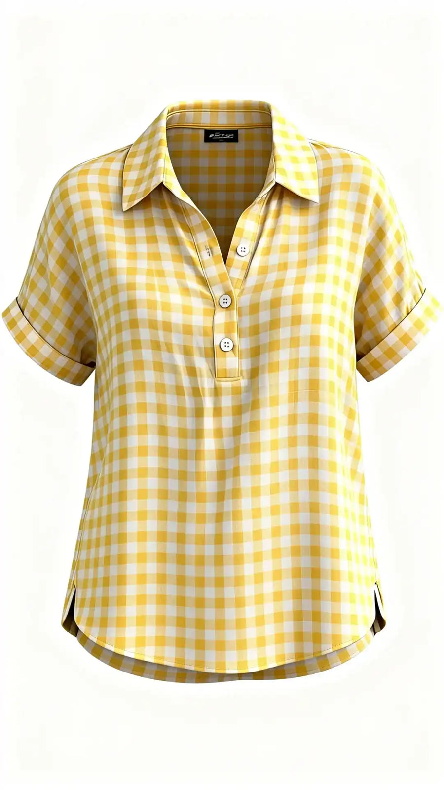 Classic Gingham Cotton-Linen V-Neck Button-Front Blouse
