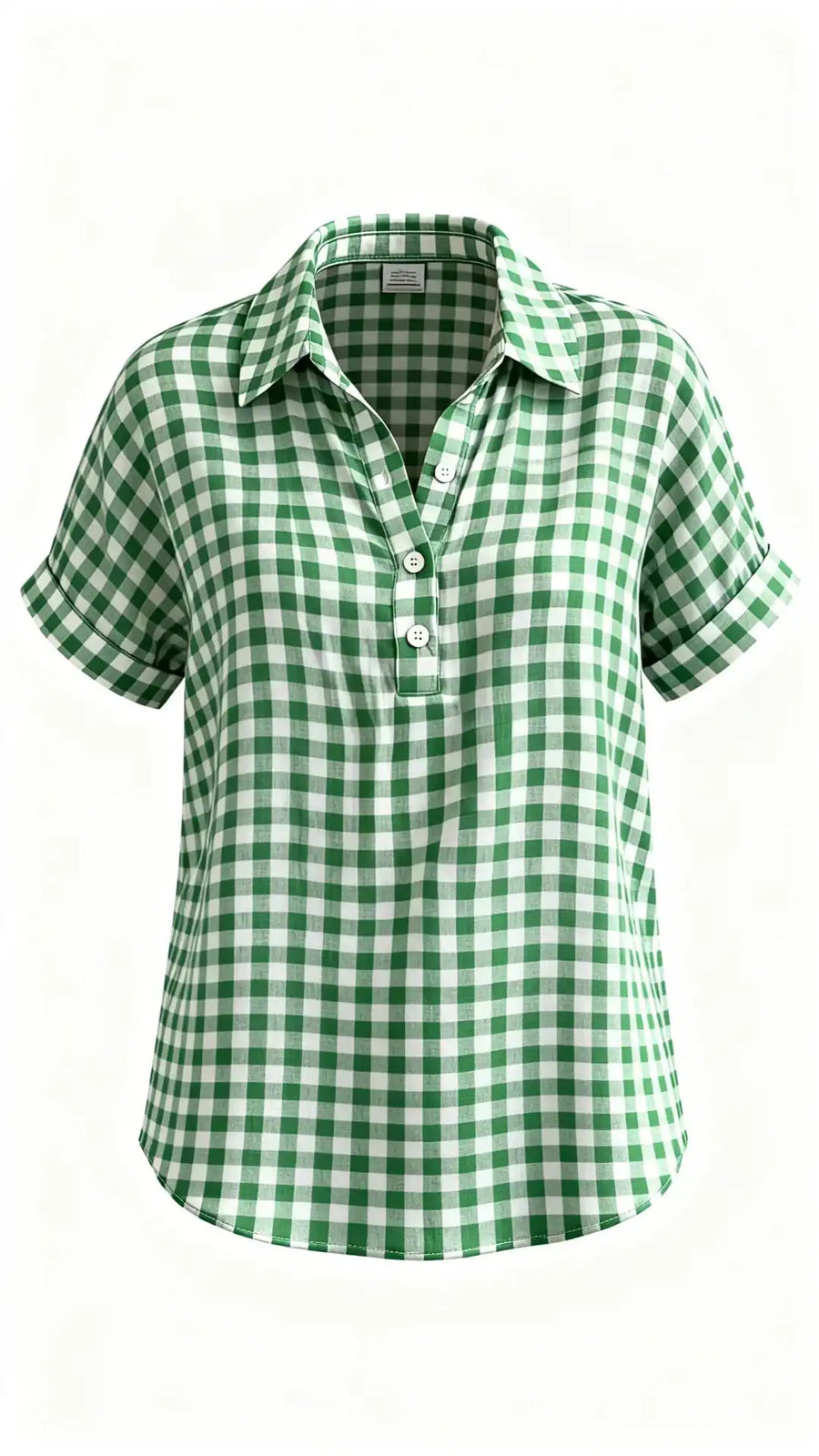 Classic Gingham Cotton-Linen V-Neck Button-Front Blouse