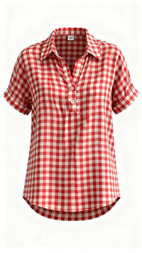 Classic Gingham Cotton-Linen V-Neck Button-Front Blouse