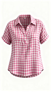 Classic Gingham Cotton-Linen V-Neck Button-Front Blouse