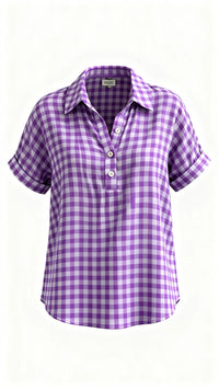 Classic Gingham Cotton-Linen V-Neck Button-Front Blouse