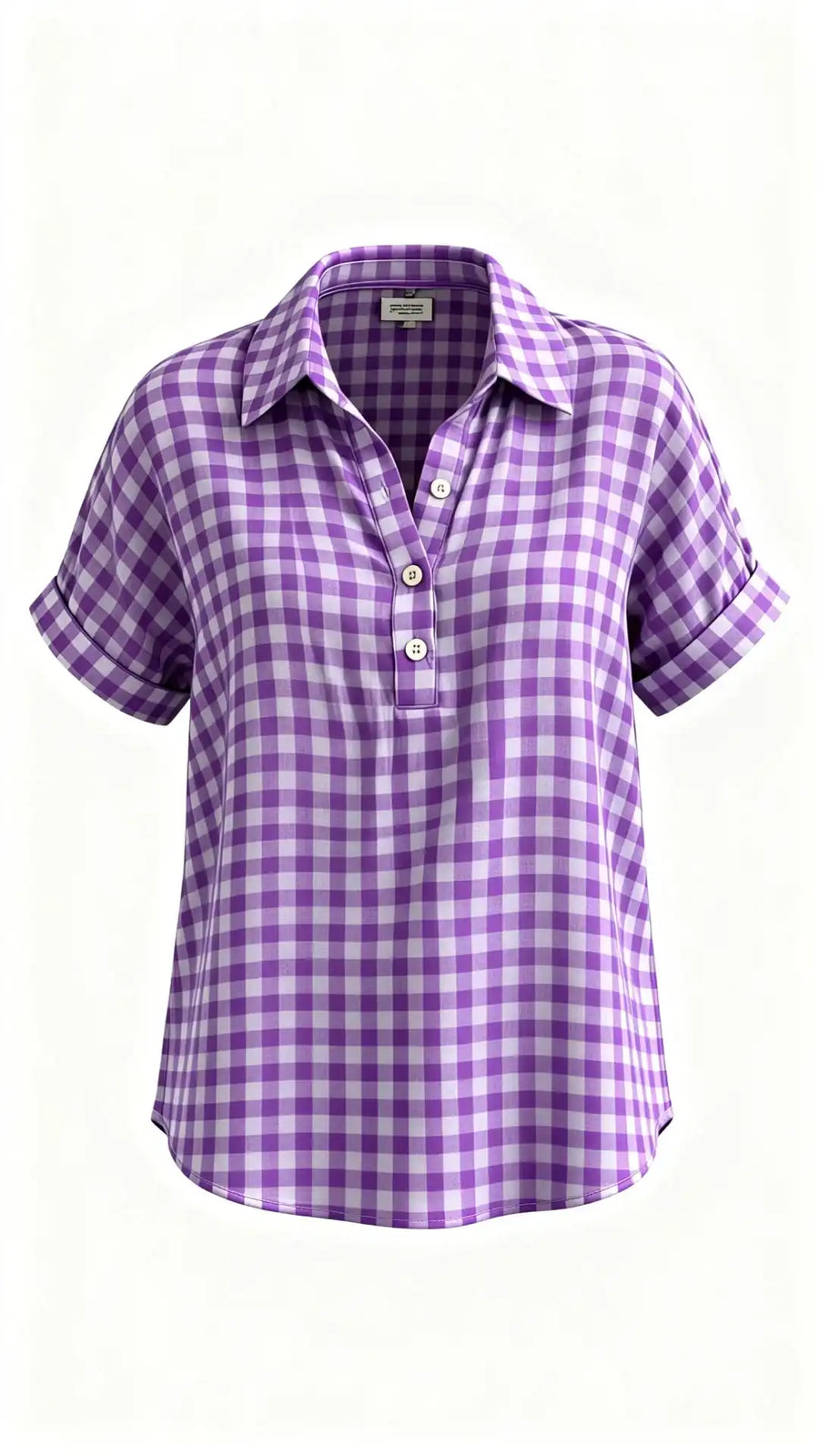 Classic Gingham Cotton-Linen V-Neck Button-Front Blouse