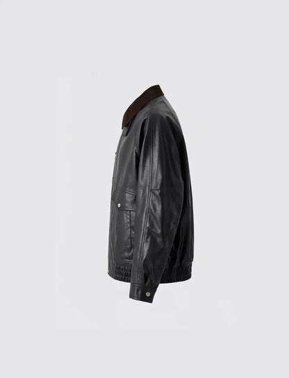 Black Sheep Leather Jacket Brown Collar | Handmade Trucker Bomber KDKJ523